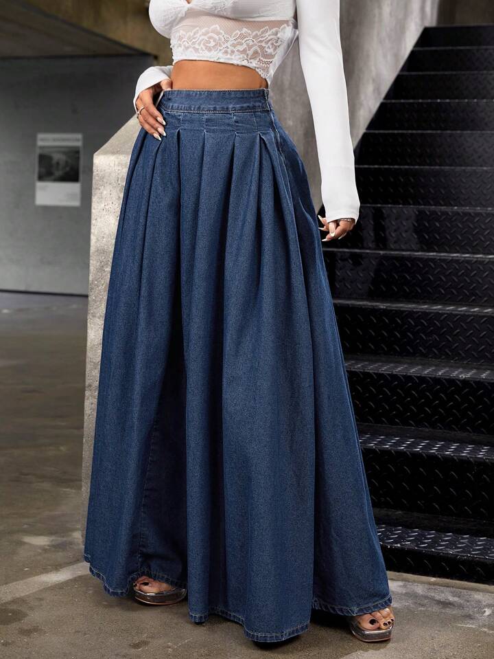 CM-BS419981 Women Casual Seoul Style Low Waist Extra Long Loose Denim Skirt - Blue