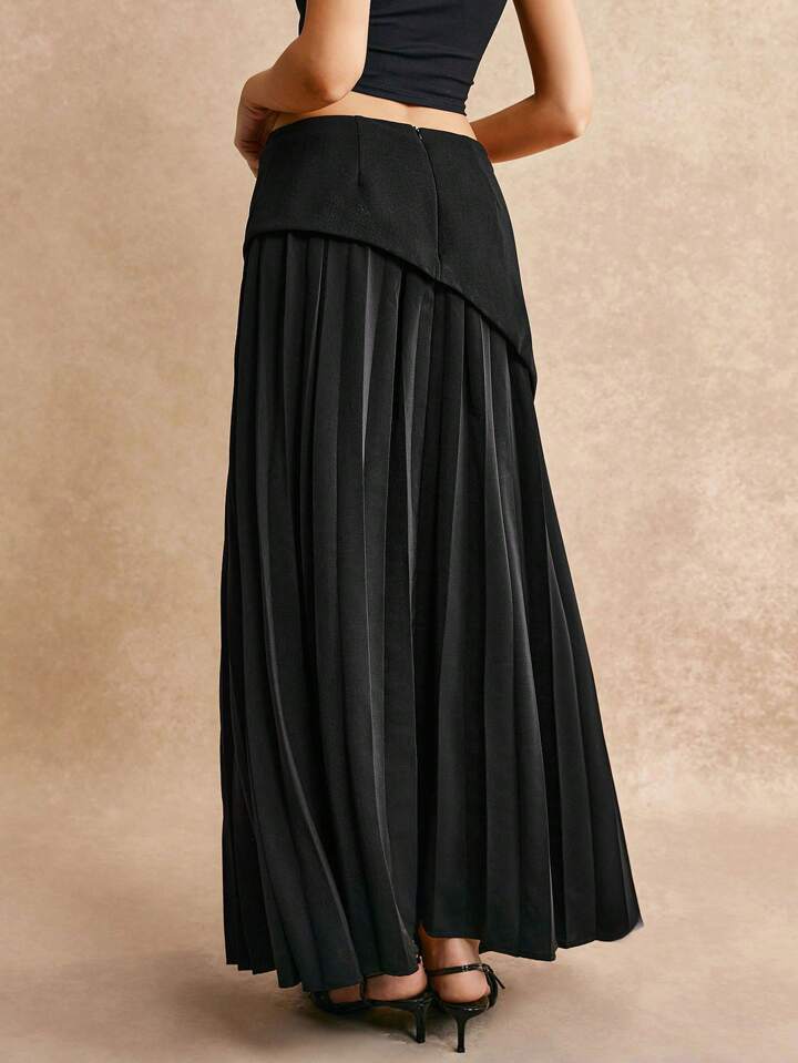 CM-BS137111 Women Elegant Seoul Style High Waist Asymmetric Pleated A-Line Skirt - Black