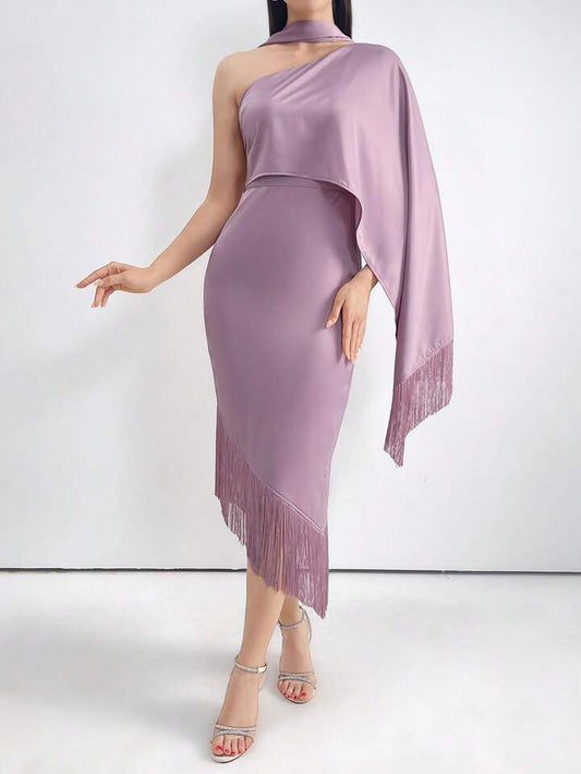 CM-DS388371 Women Elegant Seoul Style Slim Fit Fringed One Shoulder Party Dress - Dusty Pink