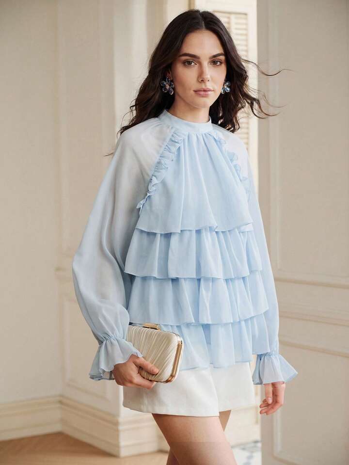 CM-TS611176 Women Elegant Seoul Style Stand Collar Multi-Layer Ruffle Flowy Long Sleeve Sheer Blouse - Blue