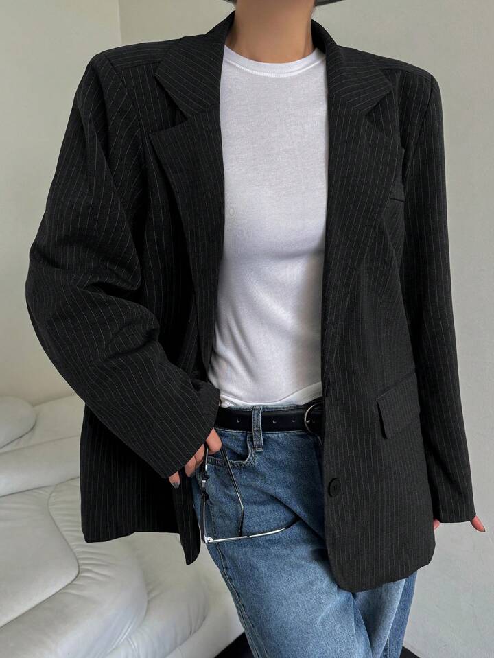 CM-CS966110 Women Elegant Seoul Style Striped Lapel Neckline Long Sleeve Suit Jacket - Black
