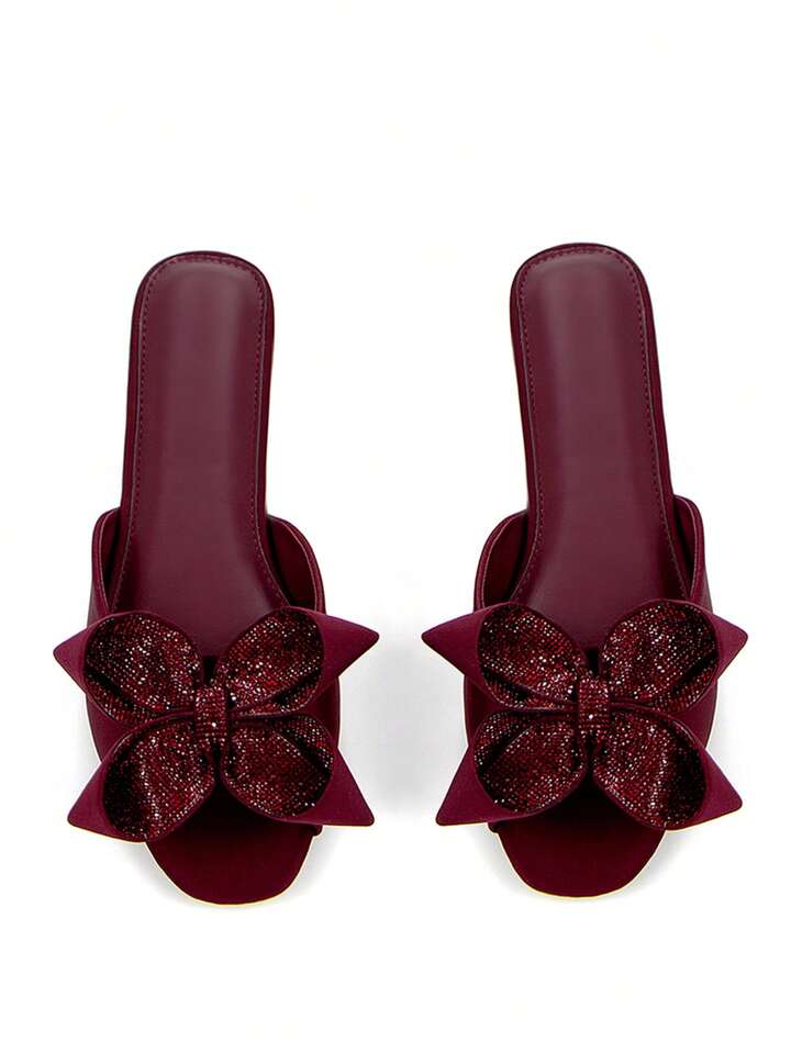 CM-SHS575509 Women Trendy Seoul Style 3D Rhinestone Floral Bow Decor Square Toe Mule Sandals - Burgundy