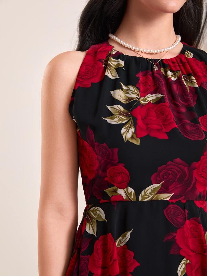 CM-DS928568 Women Casual Seoul Style Floral Print Sleeveless Ruffle Hem Dress