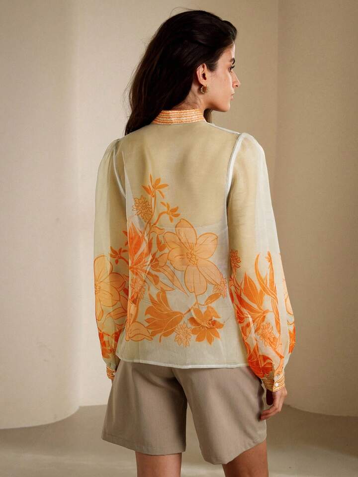 CM-TS329172 Women Elegant Seoul Style Flot=ral Print Sheer Mesh Long Sleeve Shirt - Orange