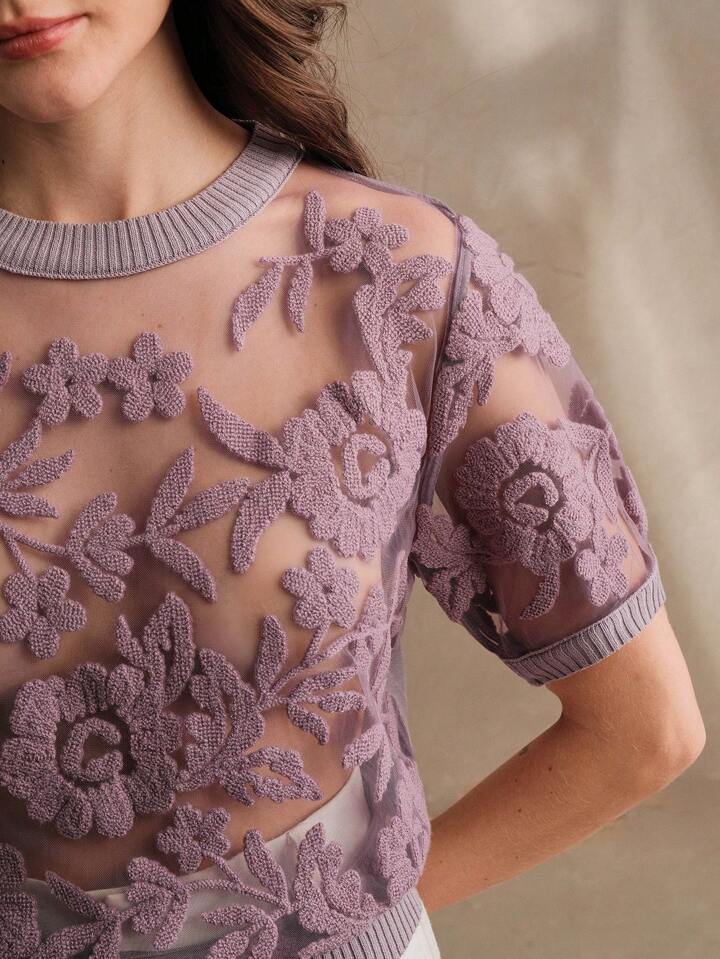 CM-TS870699 Women Casual Seoul Style Floral Mesh Round Neck Short Sleeve Knit Top - Purple