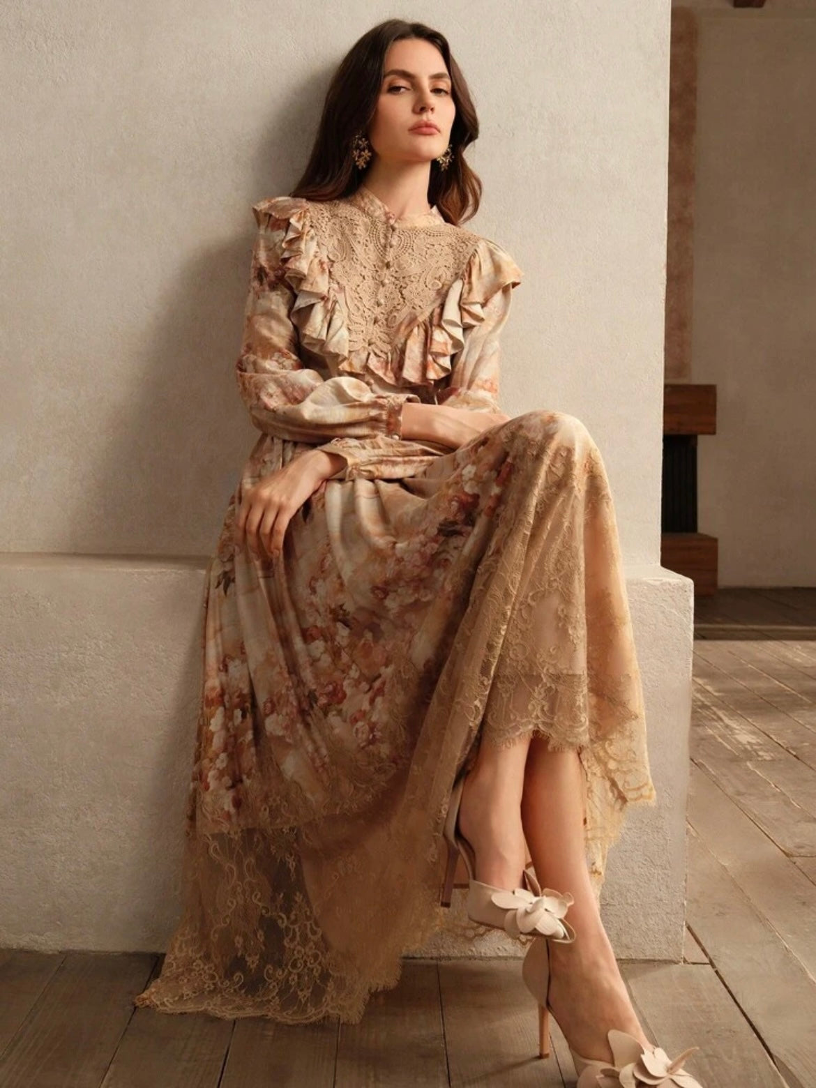 CM-TS379818 Women Elegant Seoul Style Floral Print Lace Ruffled Trim Blouse