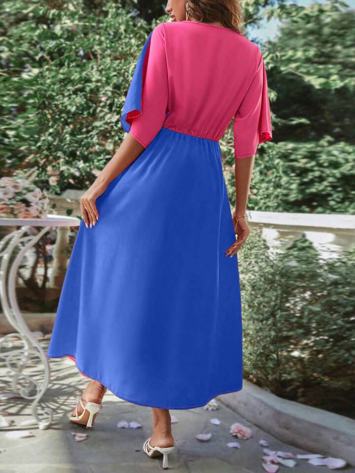 CM-DS884984 Women Casual Seoul Style Colorblock Deep V-Neck Half Sleeve Maxi Dress
