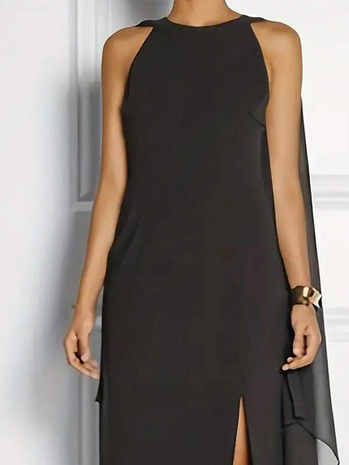 CM-DS197207 Women Elegant Seoul Style Round Neck Sleeveless Cape Split Maxi Dress - Black