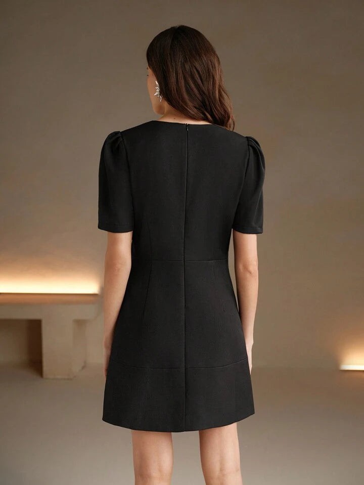 CM-DS157767 Women Elegant Seoul Style Rhinestone Bow Decor Short Sleeve A-Line Mini Dress - Black