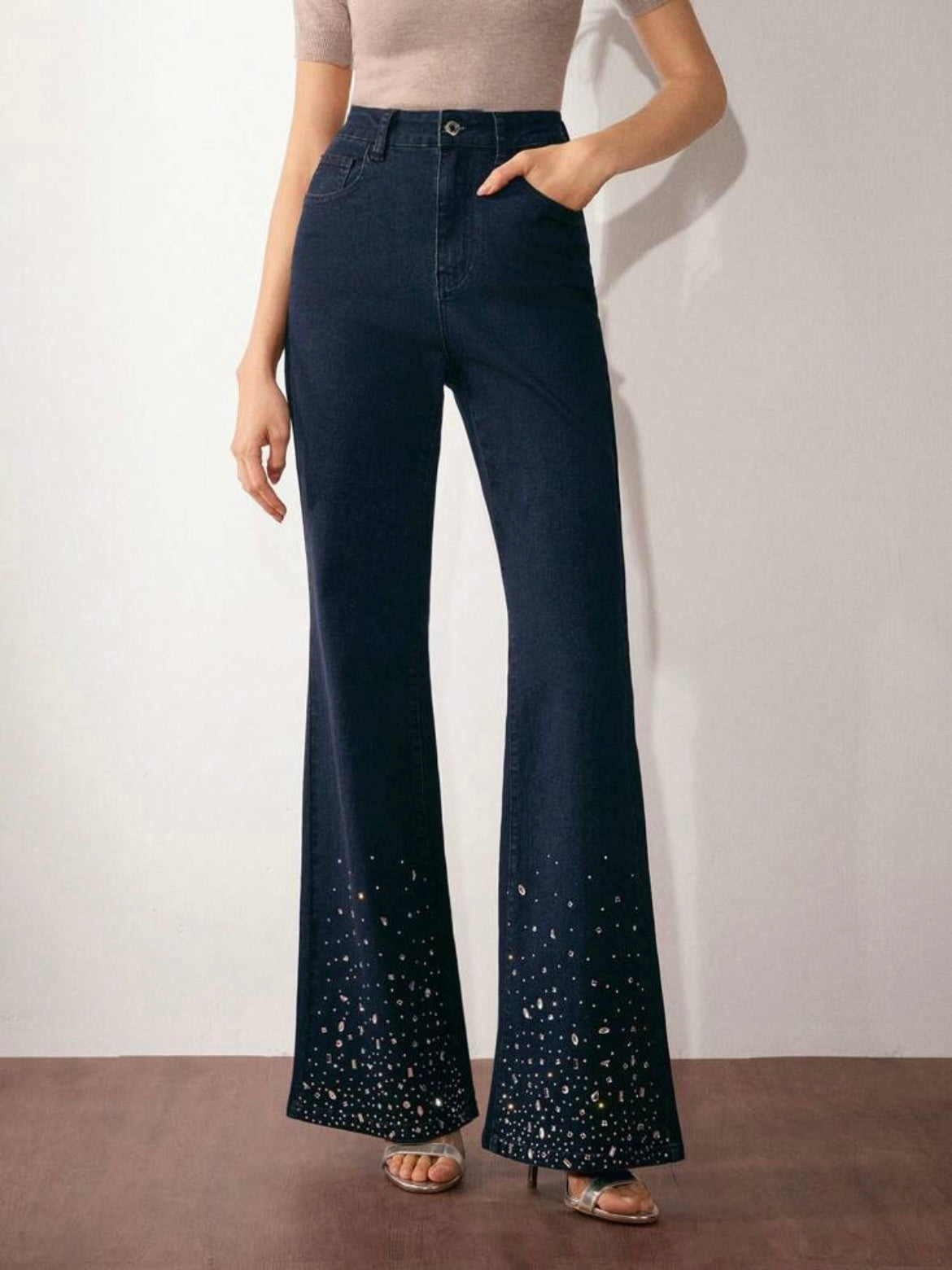 CM-BS500540 Women Casual Seoul Style High Waist Slim Fit Rhinestone Embellished Flare Leg Jeans