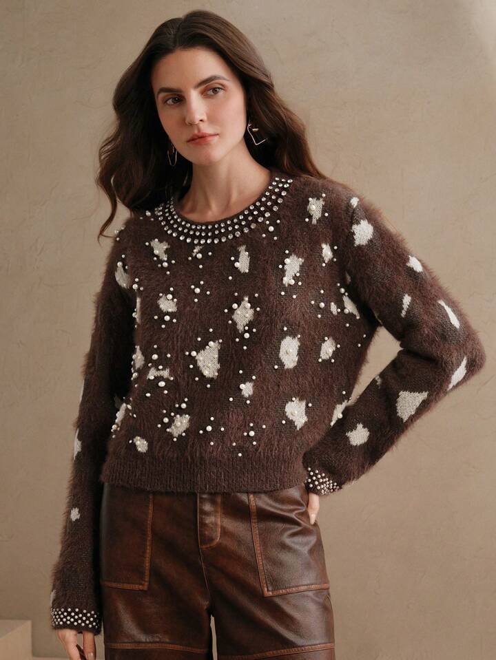 CM-CS247511 Women Casual Seoul Style Leopard Print Embellished Studded Fluffy Knit Sweater - Coffee Brown