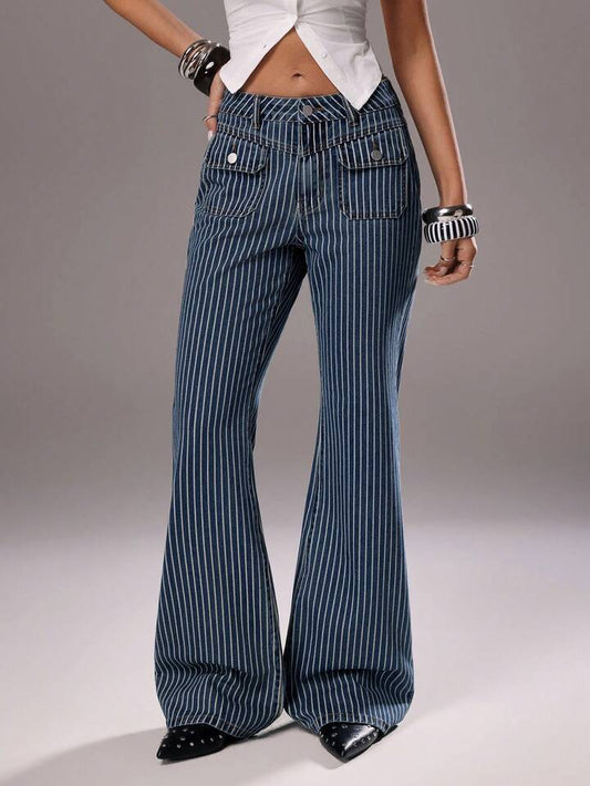 CM-BS658582 Women Casual Seoul Style Medium Wash Striped Patch Pocket Low Waist Flare Jeans