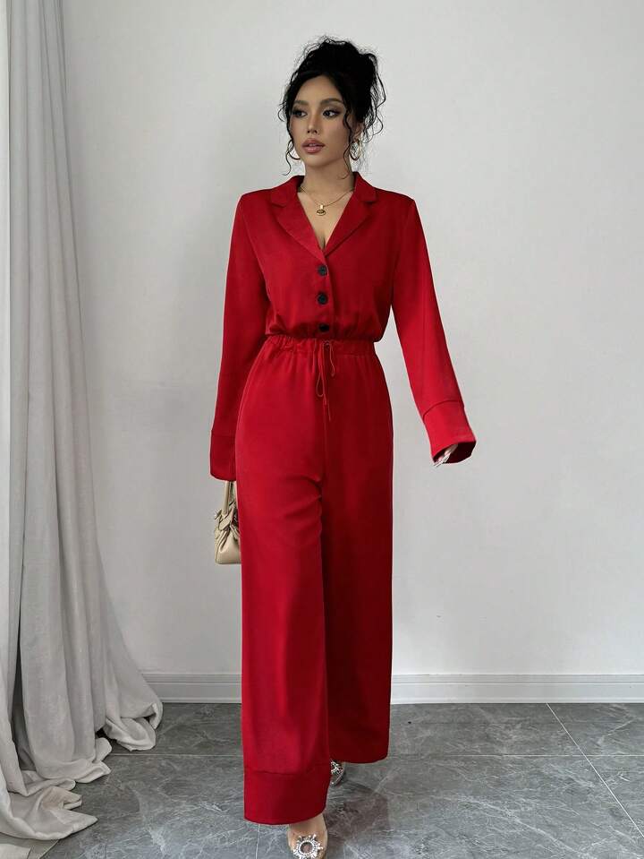 CM-JS417813 Women Elegant Seoul Style V-Neck Long Sleeve High Waist Jumpsuit - Red