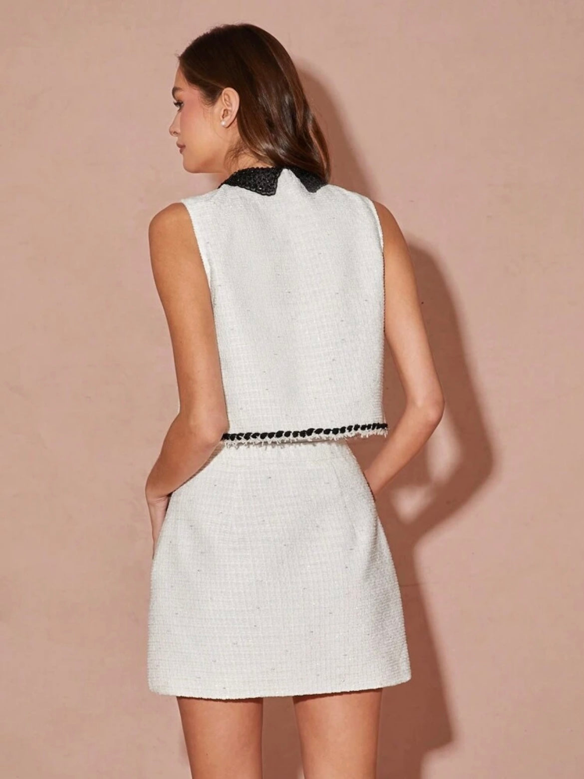 CM-SS188131 Women Elegant Seoul Style Contrast Color Pearl Button Decor Sleeveless Vest With Tweed Skirt - Set