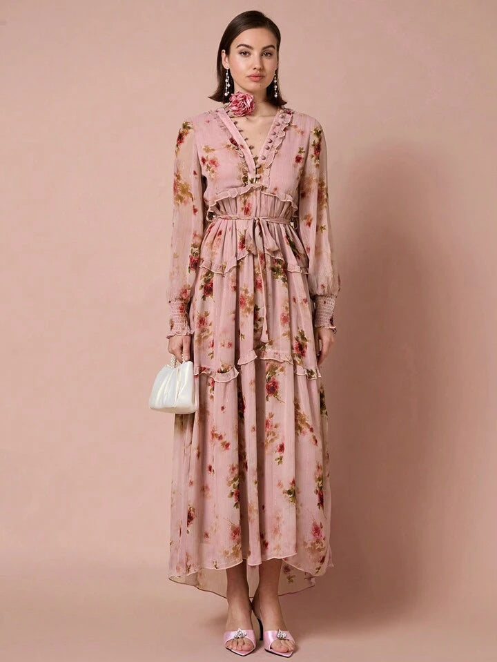 CM-DS263812 Women Elegant Seoul Style Floral Print Front Tie Ruffle Decoration Lantern Long Sleeve Dress