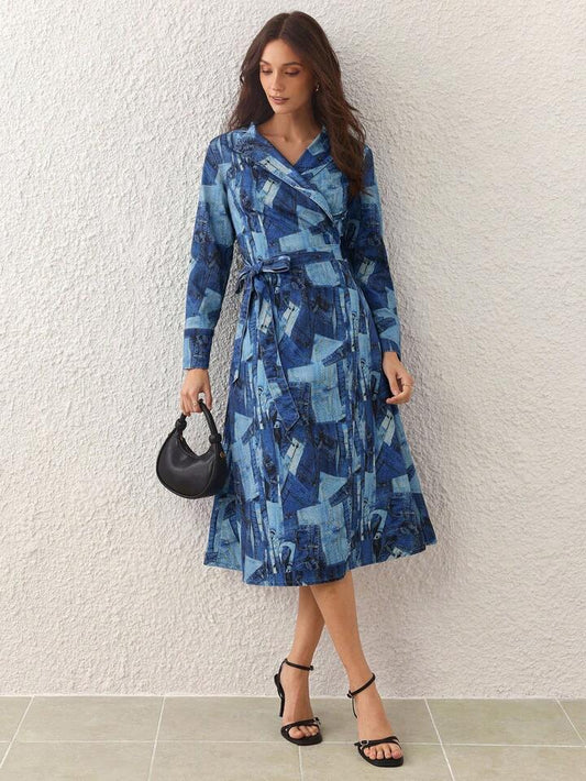CM-DS016397 Women Elegant Seoul Style V-Neck Long Sleeve Patchwork Print Overlap Collar Denim Dress