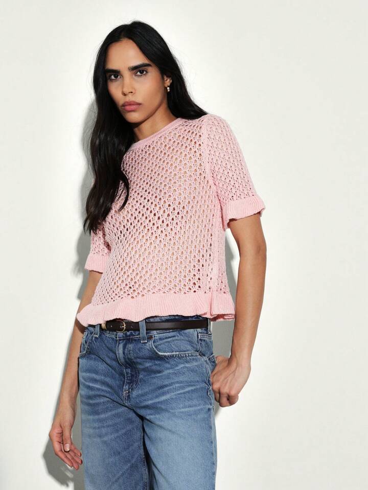 CM-TS524520 Women Casual Seoul Style Round Neck Ruffled Short Sleeve Frilled Edges Crochet Knit Top - Pink