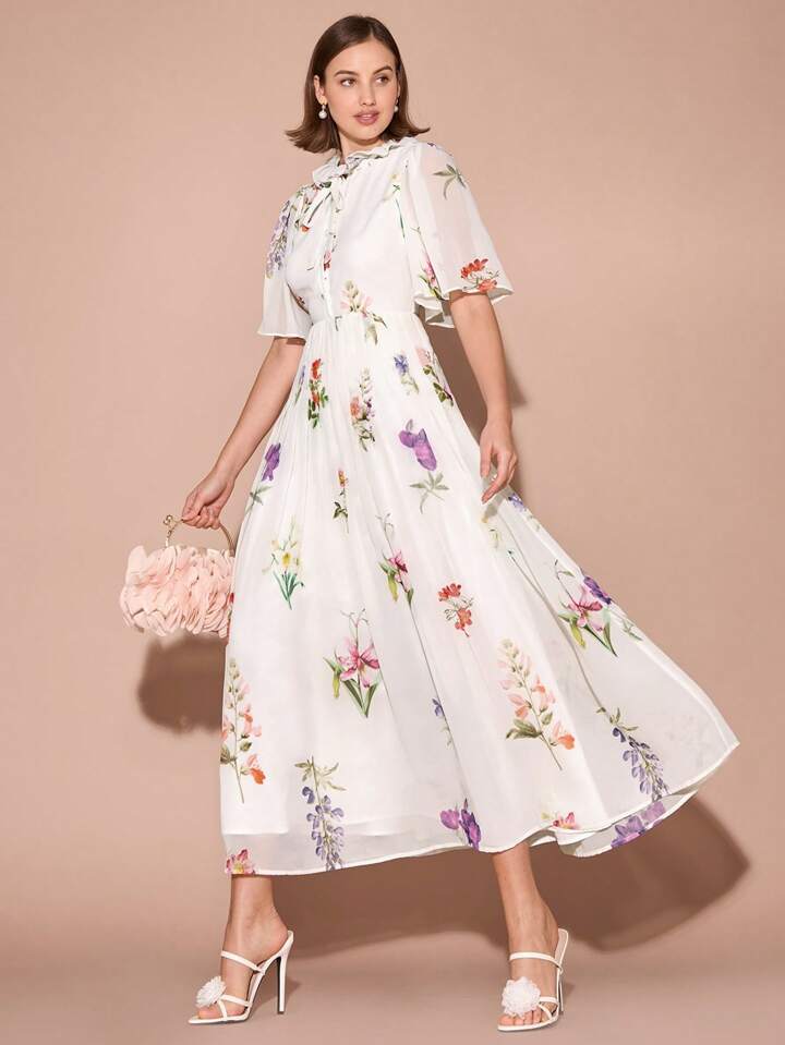 CM-DS117451 Women Elegant Seoul Style Round Neck Floral Pleated Hem Trumpet Short Sleeves Maxi Dress