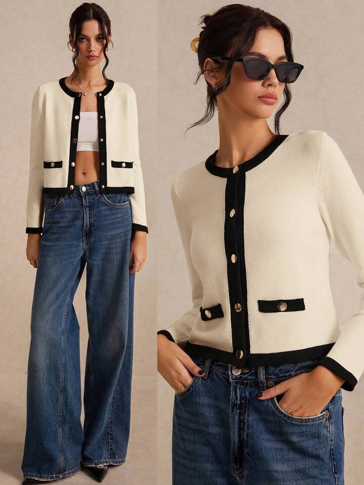 CM-CS885110 Women Casual Seoul Style Color Block Long Sleeve Trim Metal Button Front Knit Cardigan