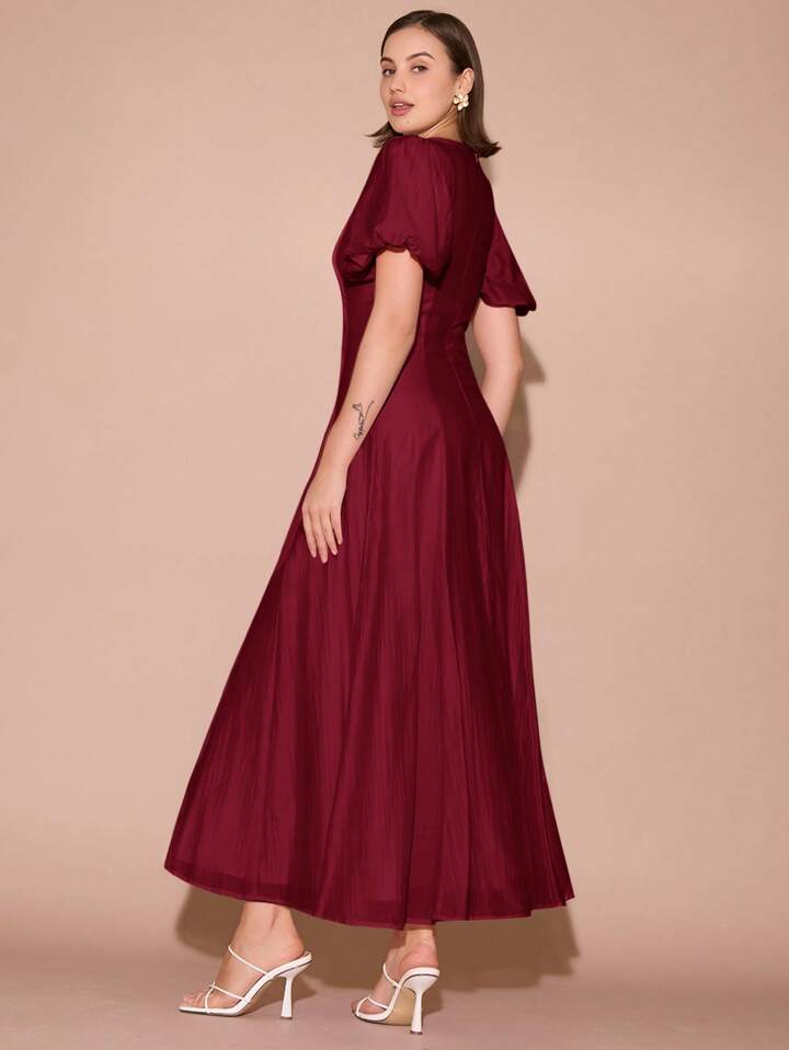 CM-DS101609 Women Elegant Seoul Style Round Neck Bubble Pleat Puff Long Sleeve Maxi Dress - Burgundy