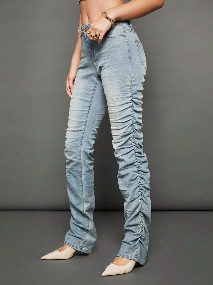 CM-BS318682 Women Casual Seoul Style Light Wash Drop Waist Stacked Straight Leg Jeans
