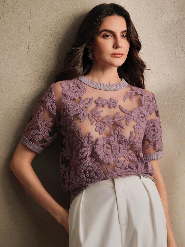 CM-TS870699 Women Casual Seoul Style Floral Mesh Round Neck Short Sleeve Knit Top - Purple