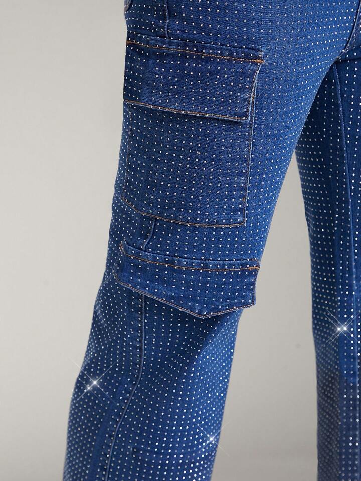 CM-BS698800 Women Elegant Seoul Style Rhinestone Flap Pocket Side Cargo Mid Ride Jeans - Blue
