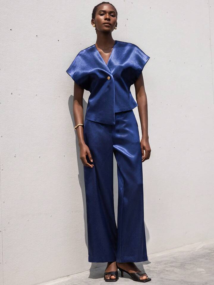 CM-SS792864 Women Elegant Seoul Style Silky Satin One-Button Short Sleeve Blouse With Straight Leg Pants - Set
