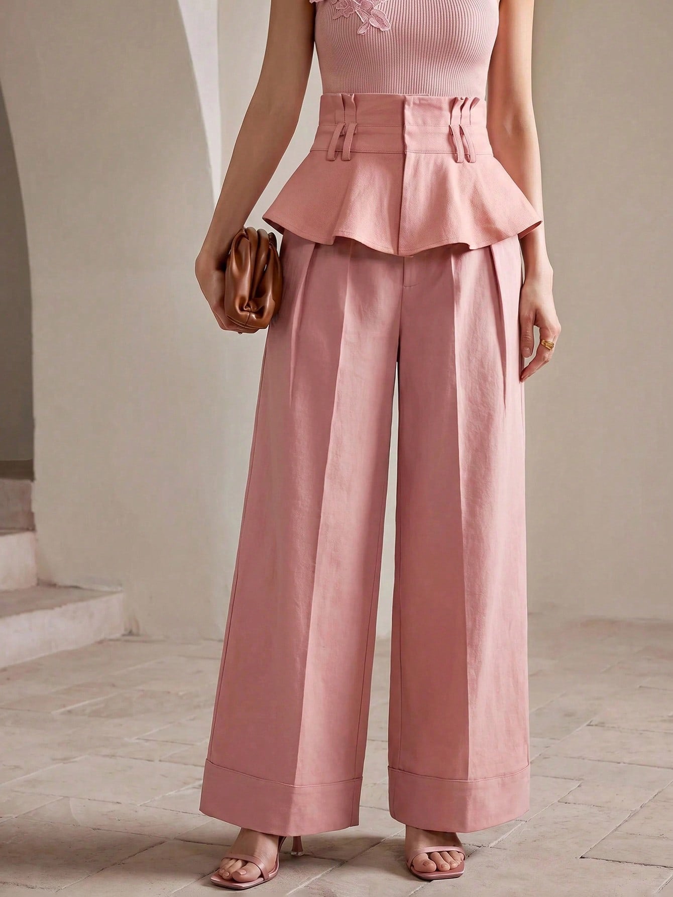 CM-BS252879 Women Elegant Seoul Style Pleated High-Waist Ruffle Hem Wide Leg Jeans - Pink