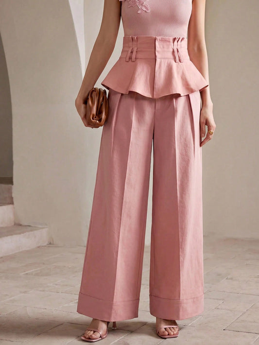 CM-BS252879 Women Elegant Seoul Style Pleated High-Waist Ruffle Hem Wide Leg Jeans - Pink
