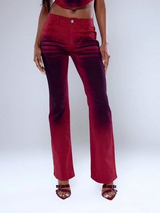 CM-BS614226 Women Casual Seoul Style Low Rise Fit Flare Leg Washed Skinny Jeans - Red