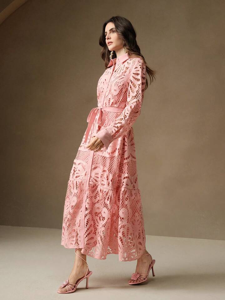 CM-DS992937 Women Elegant Seoul Style Solid Color Lace Embroidered Button-Up Empire Waist Dress