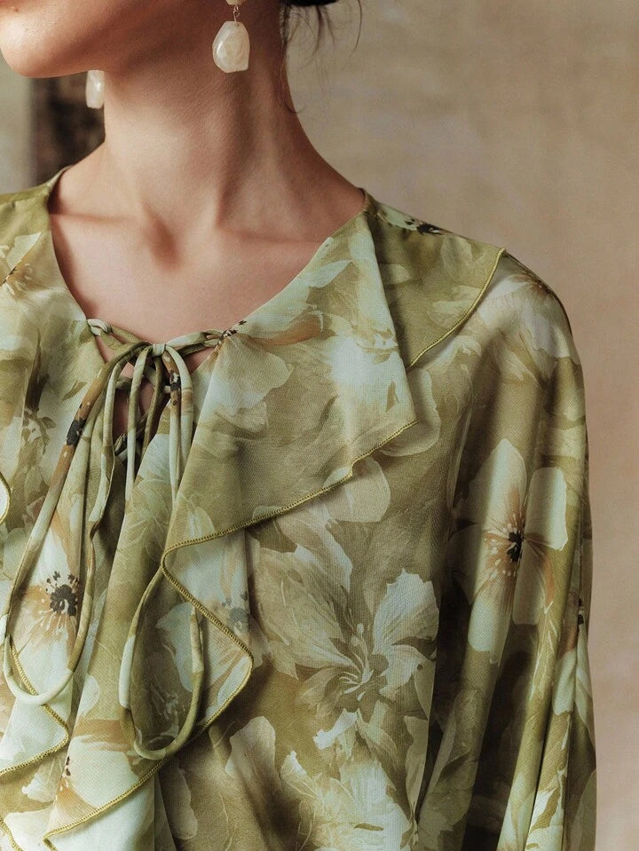 CM-TS843483 Women Casual Seoul Style Floral Print Turquoise Lantern Sleeves Ruffled Decor Tie Neckline Shirt