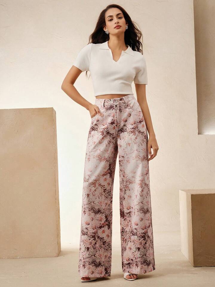 CM-BS072064 Women Casual Seoul Style Floral Printed High-Waisted Wide Leg Jeans - Pink