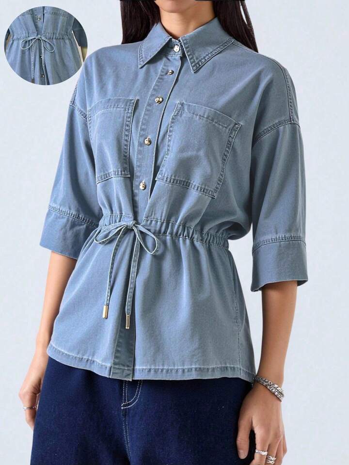 CM-TS222835 Women Casual Seoul Style Shirt Collar Short Sleeve Loose Button Pocket Drawstring Waist Denim Top