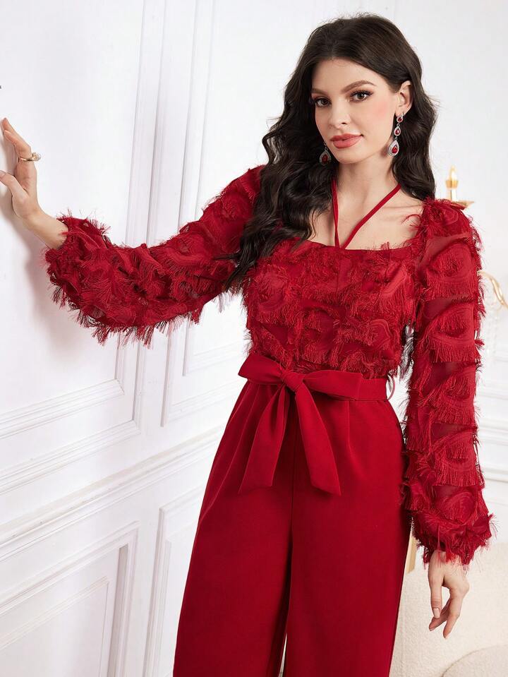 CM-JS726866 Women Elegant Seoul Style Square Neck Lantern Sleeve Waist Belt Jumpsuit - Red