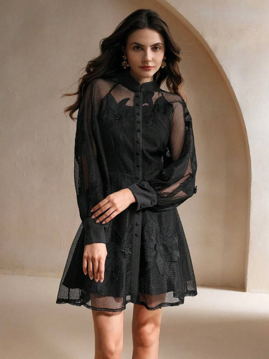CM-DS524415 Women Elegant Seoul Style Collar Neckline Lace Cinched Waist Lantern Sleeve Dress - Black