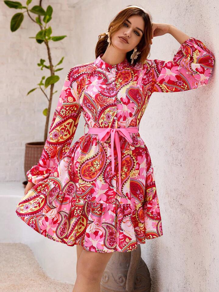 CM-DS544076 Women Trendy Bohemian Style Paisley Printed Lantern Sleeve Dress