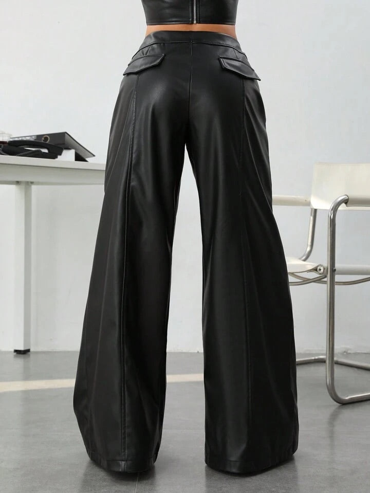 CM-BS428346 Women Elegant Seoul Style Ultra Low Waist Metallic Zipper Wide Leg Pants