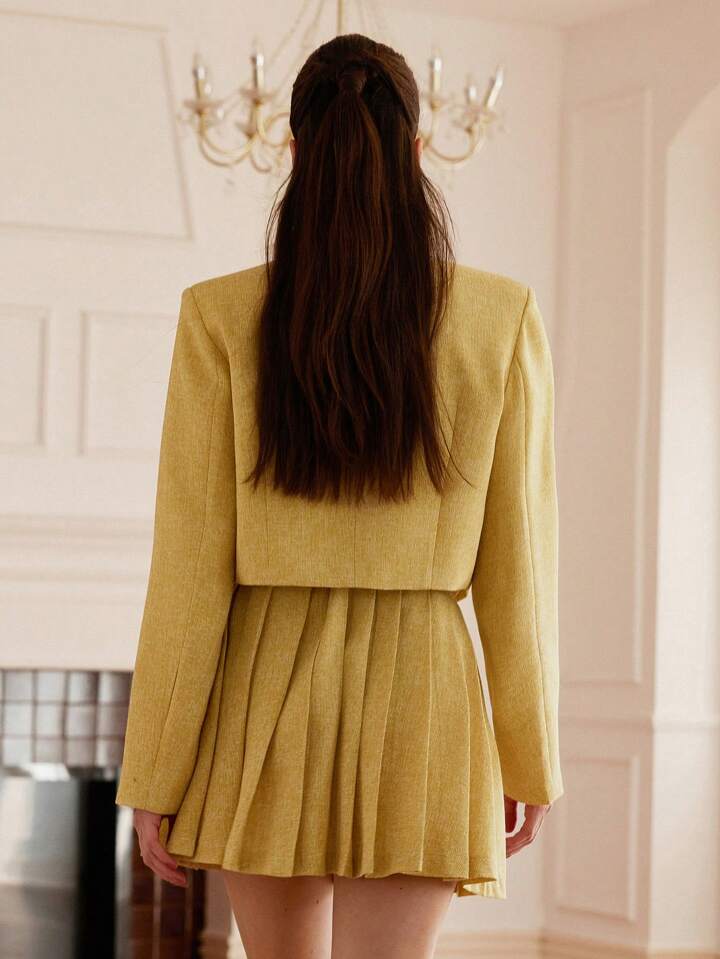 CM-SS876911 Women Elegant Seoul Style Tweed Short Collarless Button Jacket With Pleated Mini Skirt Suit - Yellow