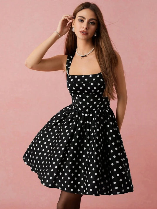 CM-DS780795 Women Elegant Seoul Style Polka Dot Print Waist Cinched Sleeveless Mini Dress - Black