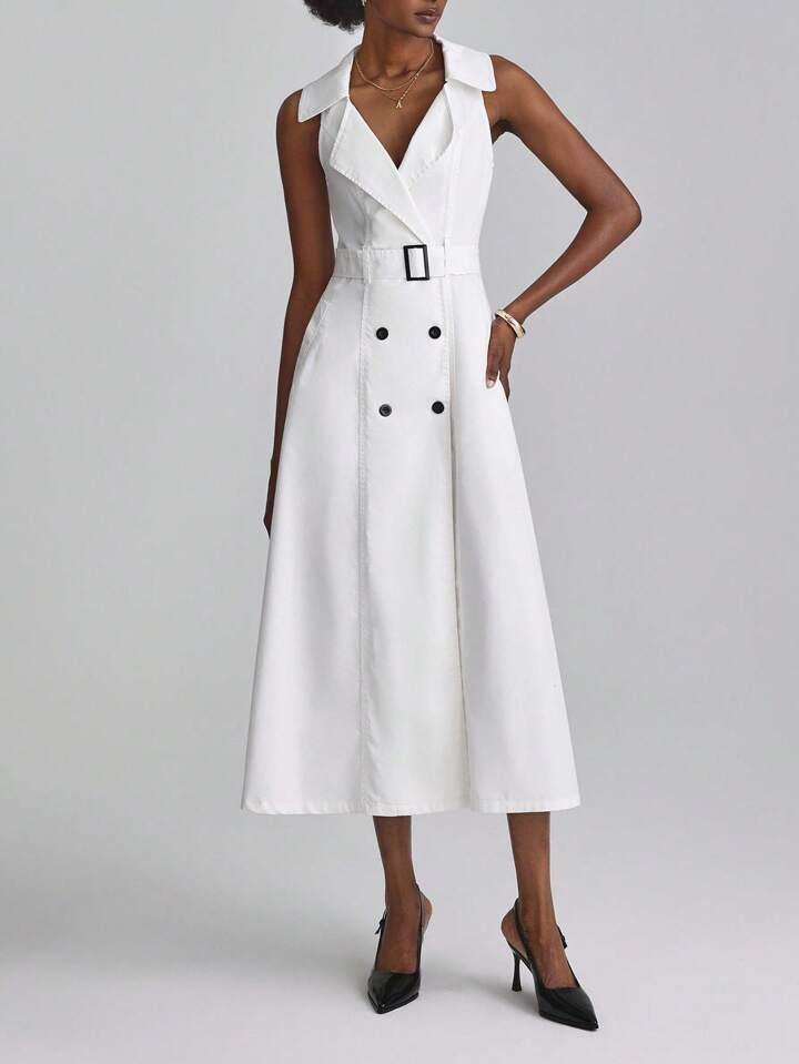 CM-DS483954 Women Elegant Seoul Style Lapel Neckline Double-Breasted Sleeveless Denim Dress