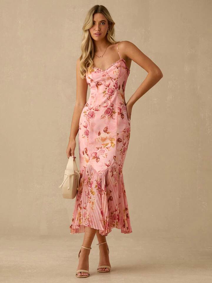 CM-DS836355 Women Elegant Seoul Style Floral Print Spaghetti Strap Sweetheart Neck Pleated Hem Mermaid Maxi Dress