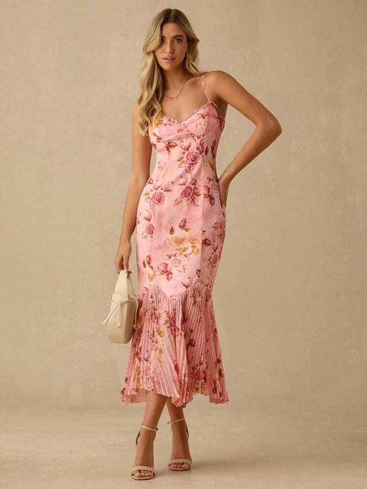 CM-DS836355 Women Elegant Seoul Style Floral Print Spaghetti Strap Sweetheart Neck Pleated Hem Mermaid Maxi Dress