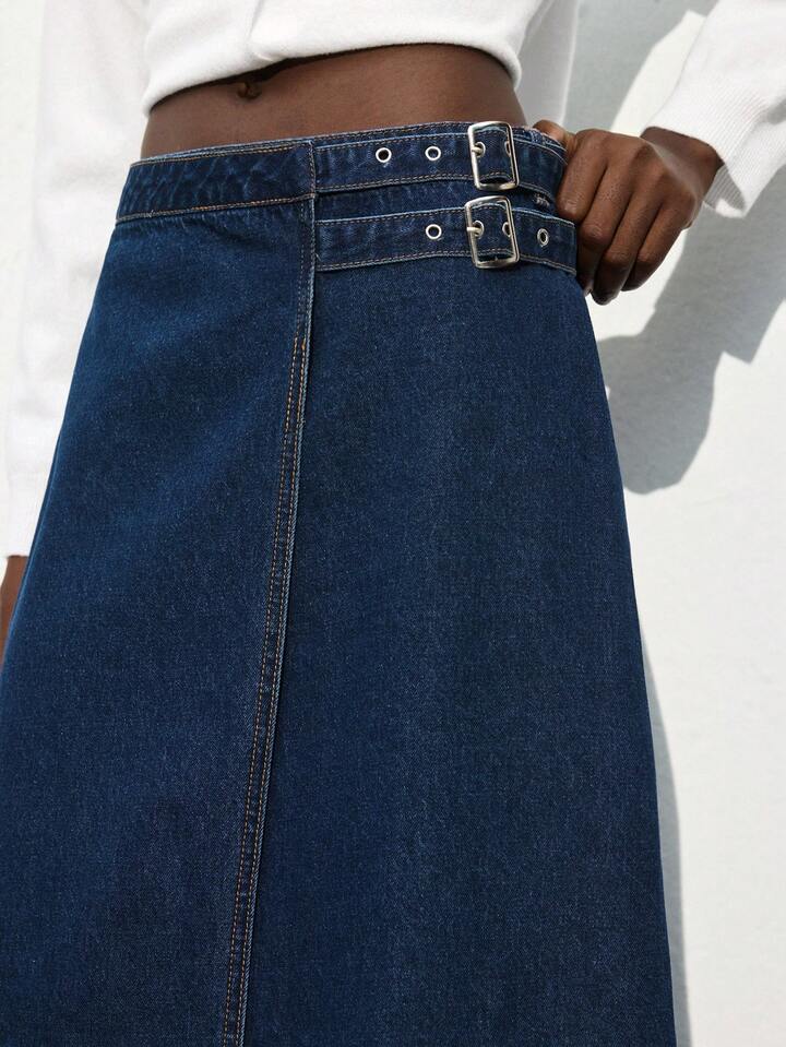 CM-BS200224 Women Casual Seoul Style Dark Wash Mid Waist Side Buckle Design A-Line Midi Denim Skirt