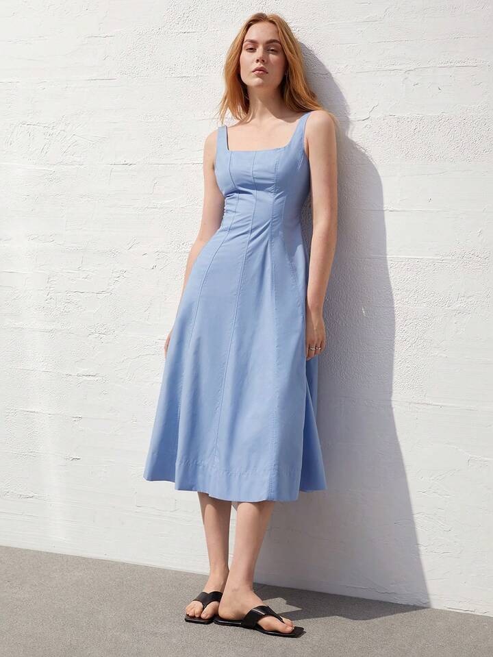 CM-DS547254 Women Casual Seoul Style Square Neck Sleeveless Cinched Waist Dress - Blue
