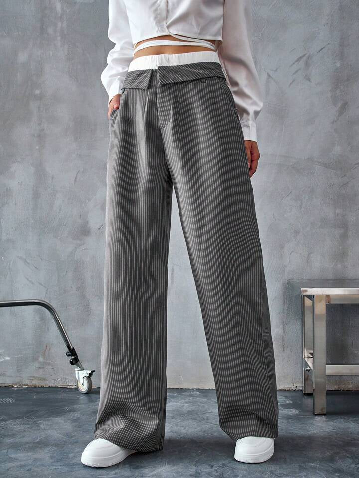 CM-BS483747 Women Casual Seoul Style Colorblock High Waist Wide-Leg Striped Pants