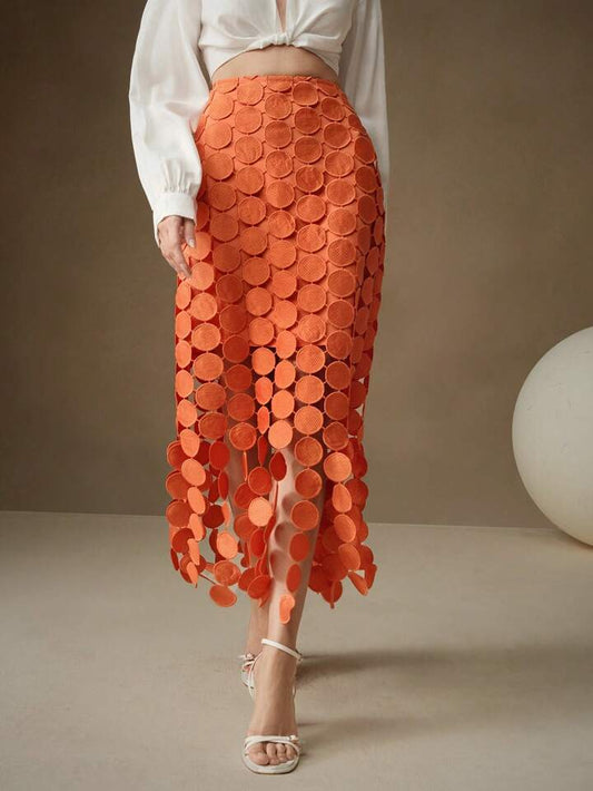 CM-BS858154 Women Trendy Bohemian Style Laser Cut Multi Circle Double Layered Maxi Skirt - Orange