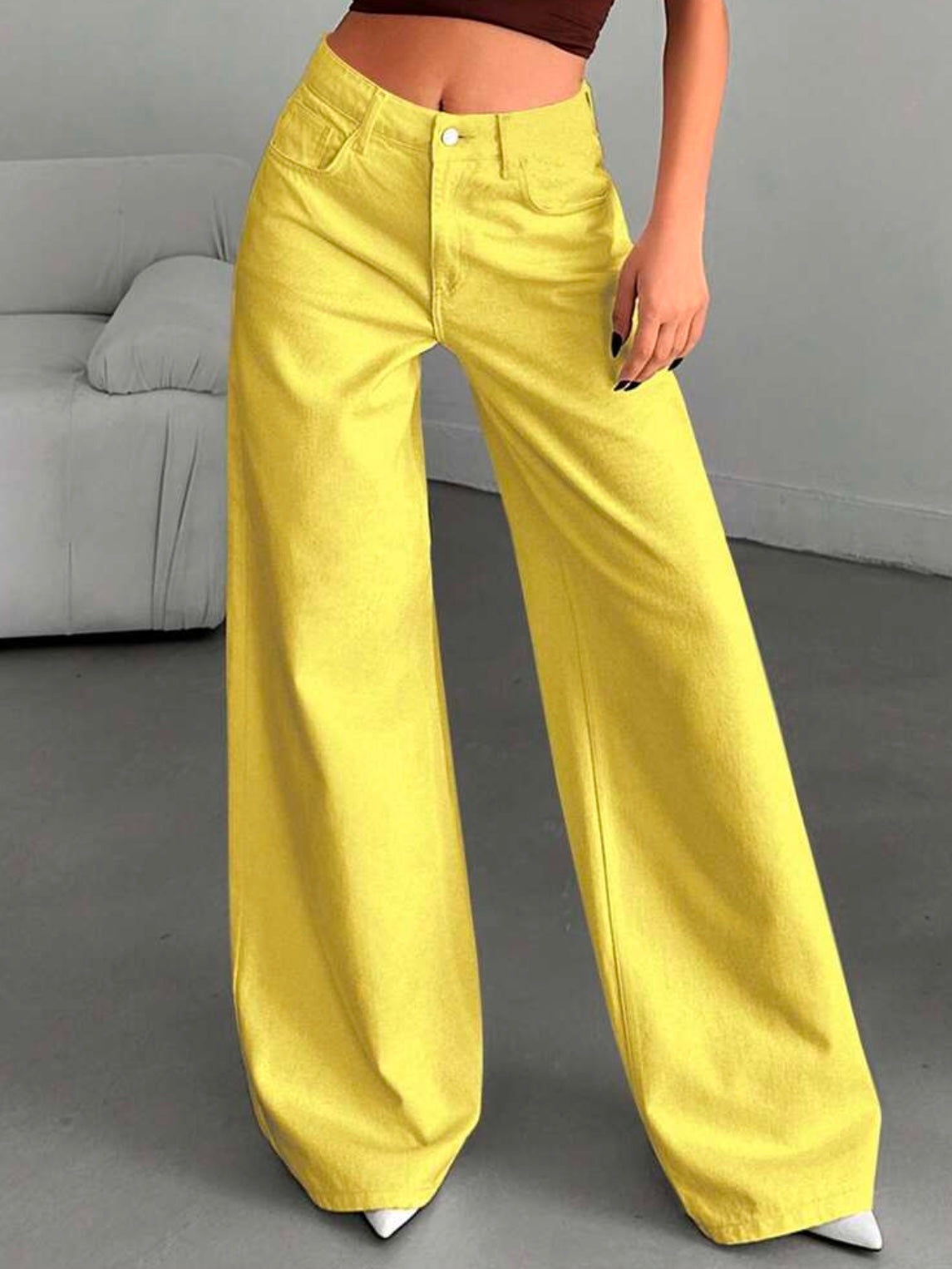 CM-BS275228 Women Casual Seoul Style High-Waisted Wide-Leg Denim Jeans - Pale Yellow