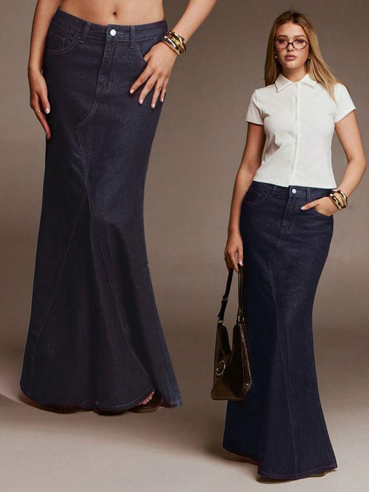 CM-BS368665 Women Casual Seoul Style Low Waist A-Line Fishtail Denim Skirt - Blue